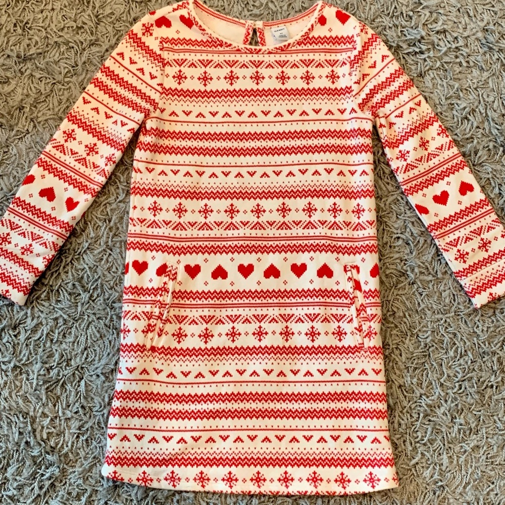 Girls Holiday Christmas Red and Cream Snowflake Heart Sweater Dress - Size 5T